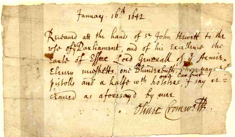 Autographed receipt signed by Oliver Cromwell, January 1643. thumbnail